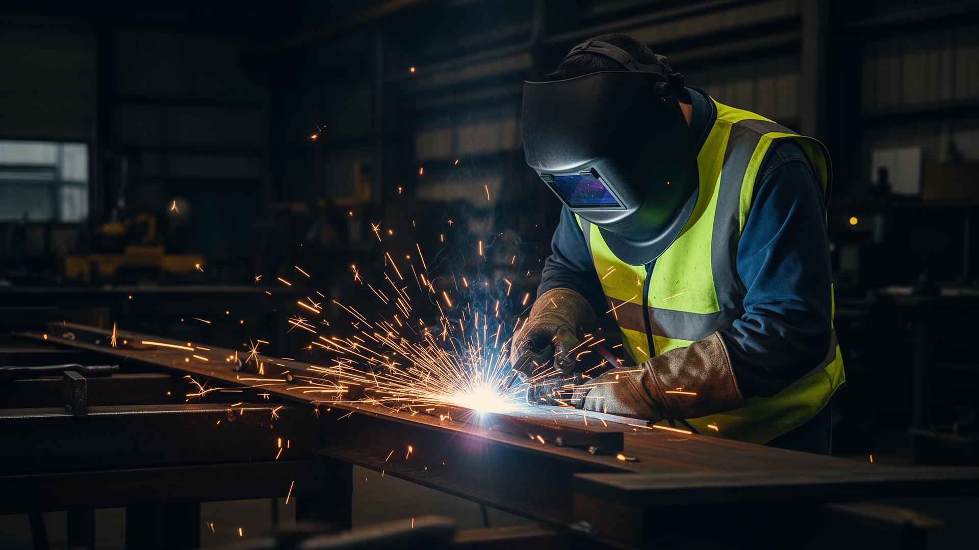 Welder fabricating structural steel with sparks flying in the workshop